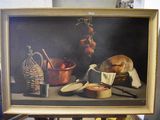 a painting of a still life with bread and other food items