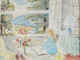 un tableau représentant une femme assise sur un canapé en train de lire un livre