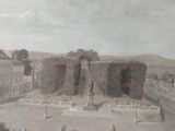 drawing of a view of a town square with a horse drawn carriage