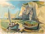 two boats that are sitting on the beach
