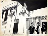 drawing of two men standing in front of a building with a statue on top of it