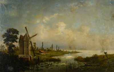 tableau représentant une scène fluviale avec un moulin à vent et un bateau au premier plan
