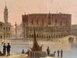 a painting of a boat on the water in front of a large building