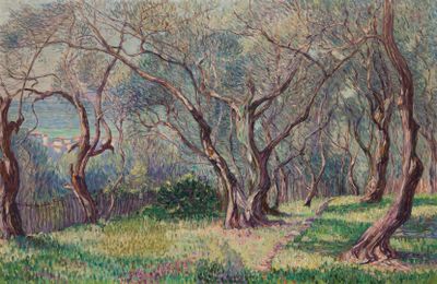 tableau représentant des arbres dans un espace herbeux, avec un lac en arrière-plan
