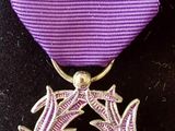 ruban violet orné d'une couronne argentée, sur un fond noir