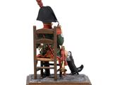 statue of a soldier sitting on a chair with his foot up