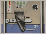 a picture of a painting of a door with a clock on it