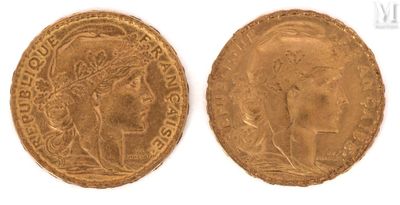 two gold sovereigns, one of which is a woman and one of which is a man