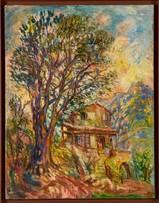 un tableau représentant une maison et un cheval dans un champ