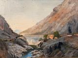 painting of a mountain landscape with a river in the foreground and a village in the distance