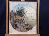 tableau sur chevalet représentant un village au bord d'une rivière
