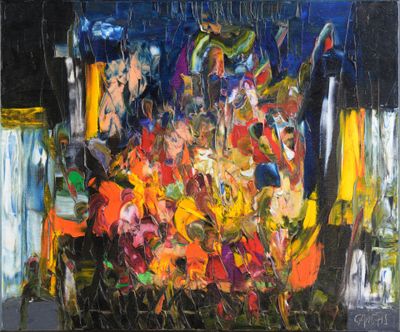 abstract painting of flowers in a vase on a black background