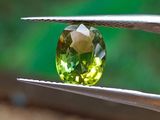 un gros plan d'une pierre précieuse verte tenue par une paire de pinces