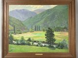 an oil painting of a valley with trees and mountains in the background