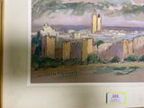 a picture of a painting of a city with a clock tower in the background