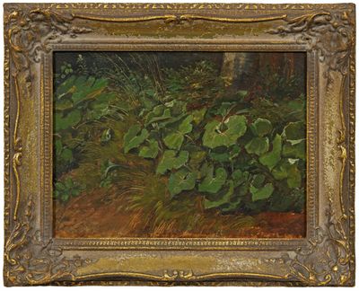 un tableau représentant un champ avec des plantes vertes, dans un cadre doré