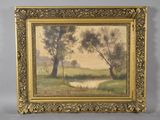 a painting of a landscape with trees and a river