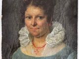 an old painting of a woman in a blue dress with a red beaded necklace