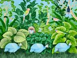 un tableau représentant un groupe d'oiseaux dans la jungle