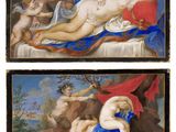 three paintings of a woman laying on a bed and a man laying on a bed