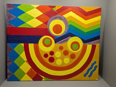 peinture abstraite aux couleurs vives représentant un bol de fruits posé sur une table