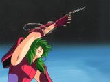 cellule d'animation représentant une femme aux cheveux verts tenant une épée