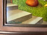 a picture of a painting of a pear sitting on the steps