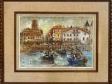 an oil painting of boats in a harbor with buildings in the background