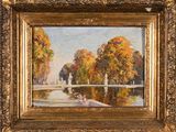 an image of a painting of a park scene with people sitting on a bench