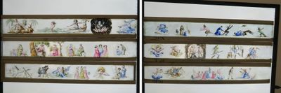 two pictures of a room with a mirror and a wall with pictures on it