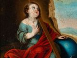 a painting of a woman kneeling in front of a cross