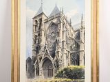 une peinture représentant une grande cathédrale avec une horloge sur la façade