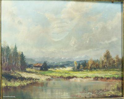 une peinture à l'huile représentant un paysage avec une rivière au premier plan et une maison au loin