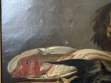 a painting of a man holding a plate with fish on it