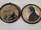 two antique portraits of a man and a woman in formal clothing
