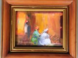 une peinture à l'huile représentant un couple assis sur un banc dans une pièce