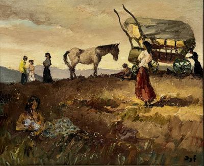 un tableau représentant des personnes et un cheval dans un champ