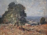 painting of cows grazing in a field with trees and hills in the background