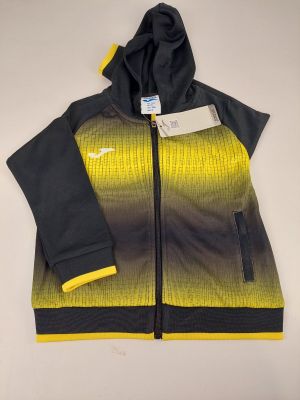 the jacket is yellow and black and has a hoodie on it
