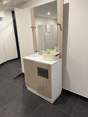 une salle de bain avec un lavabo et un miroir