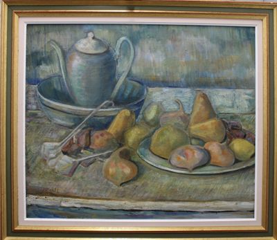 a painting of pears and a teapot on a table