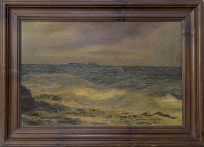 tableau représentant une vue sur l'océan avec un phare au loin