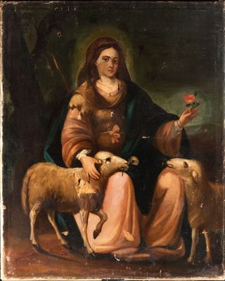 une image représentant un tableau de Jésus avec des moutons et une rose