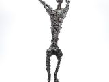 statue of a man with arms raised in the air on a white background