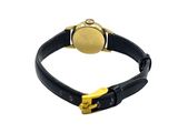 black leather bracelet with a gold plated clasp and a black strap