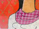 a painting of a woman with a pink scarf on