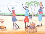 a painting of a group of people on the beach