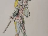 drawing of a man in a costume with a cane and a hat