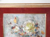 a painting of flowers in a vase on a table