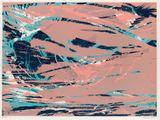 an abstract painting of a pink and blue wave on a pink background